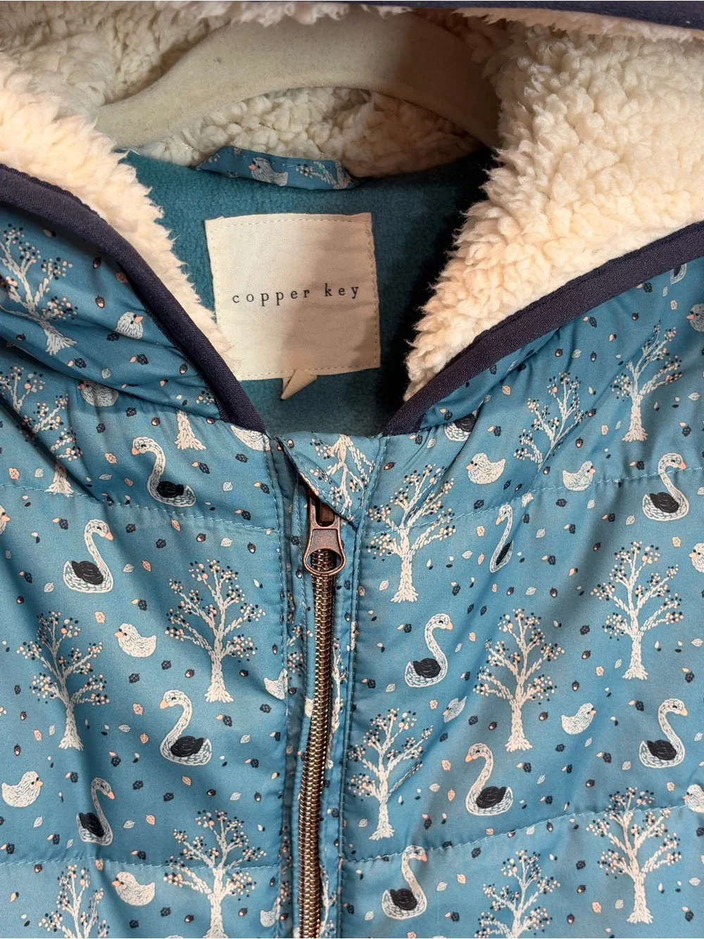 Copper Key Girls Sherpa Lined Hooded Puffer Vest Blue Swan Winter print cottage